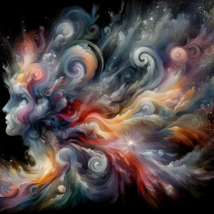 A nebulous virtual influencer, swirling with ethereal colors and...