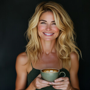a very beautiful blonde woman at 30's holding a cup of coffee an...