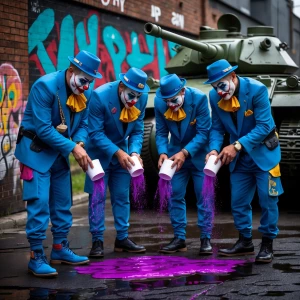 "In an urban setting with a gritty edge, a group of clowns with...