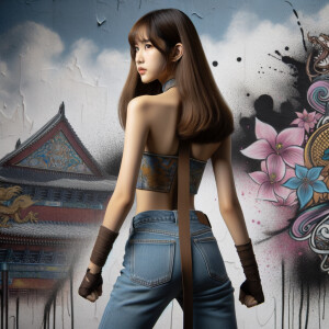 Attractive, Asian teenage girl, long brown hair and bangs, wearing tight skinny jeans and a halter top paint marks on her clothing, backside view heroic pose Asian graffiti