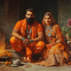 Hyperrealism oil painting.a beefy muscular sweaty criminal gujar...