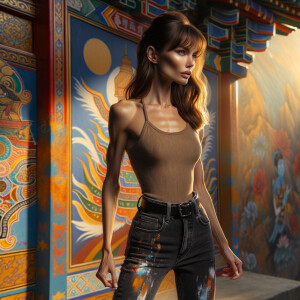 Athletic Thin skinny Attractive, Asian teenage girl, long brown hair and bangs, wearing tight skinny jeans and a halter top paint marks on her clothing, heroic pose Asian graffiti background, side view