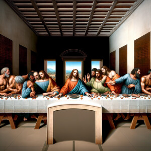 Prompt: Hyperrealistic image of the last supper painting by Leon...