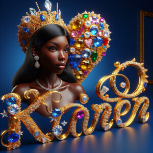 Craft a 3-D image showcasing the name 'KAREN' in a luxurious gol...