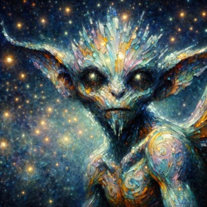 A goblin with shimmering celestial markings, glowing with ethere...