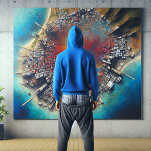 A full realistic person from behind, wearing a blue hoodie and g...
