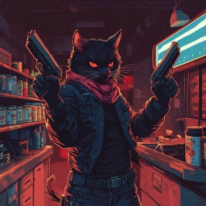 A masked street cat holding two pistols during a tense convenien...