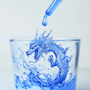A dropper filled with neon blue ink held over a full glass of wa...