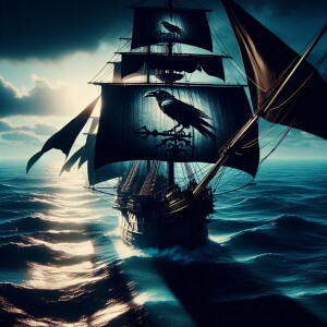 The ship is sailing in the Pacific Ocean. It has a black raven f...