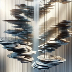 Visualize a floating  segments of fountain cascading hanging des...