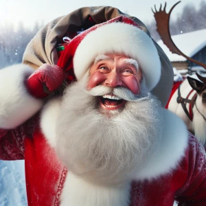 Generate an image of a cheerful Santa Claus dressed in his iconi...
