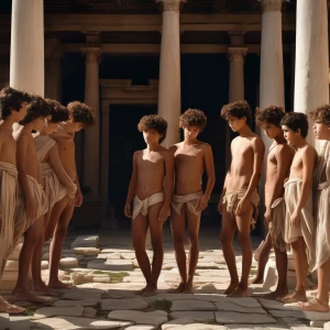 A scene depicting a group of young shirtless  sixteen years-old...