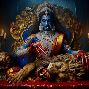 portrait of extremly angry looking goddess kali, blue skinned, s...