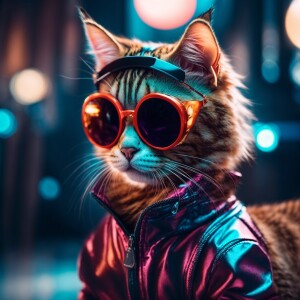 A female cat in high-tech clothes with future sunglasses
