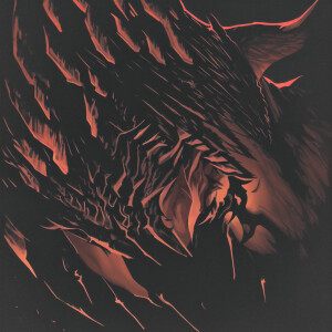 A dark and intense upper body shot of an aggressive goat demon,...