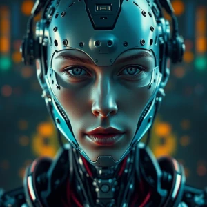 a portrait of a cybernetic android with a partial human face. Ul...