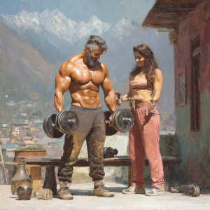 HyperRealism photo art,A  muscular beefy sweaty kashmiri man doi...