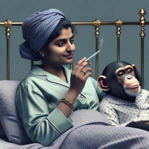 Woman in her nightgown smoking a cigarette in bed with a chimp.