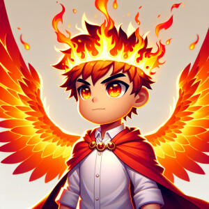 A cartoon boy with fire wings and glowing eyes and fire crown