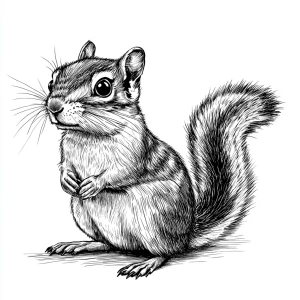 A cute chipmunk looking forward, with his body sideways showing...