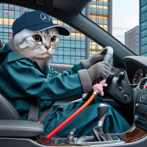 Кот дворник с именем дима за рулем серого мерседеса