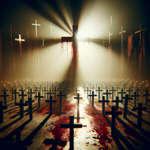 مئات الصلبان الصغيرة يتوسطها صليب كبير مخضب بالدماء