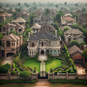 Wide view of a fancy neighborhood with very expensive mansions,...
