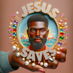 A 3D realistic artwork featuring the phrase 'Jesus Saves' adorne...
