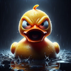 “Create a striking, highly detailed image of an angry rubber duc...