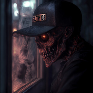 An intricately detailed Freddy Krueger, half face skull, wearing...