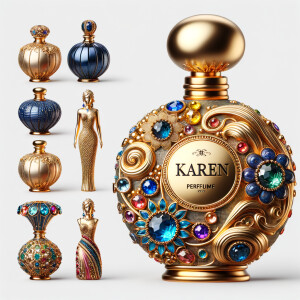 Create a 3-D realistic gold and blue, colorful jewels perfume b...