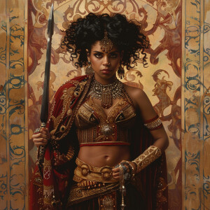 Classical painting of an Afro-Indian warrior queen, draped in ri...