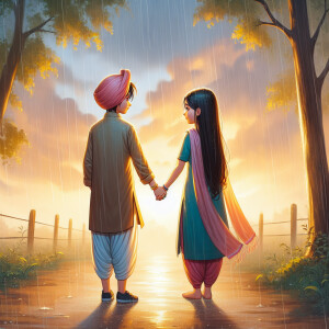 A punjabi boy with girl holding hands light rain golden pink sky...