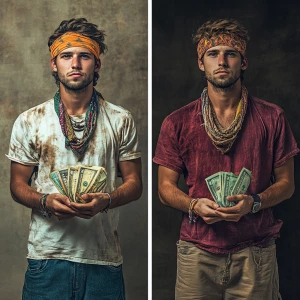 Create a before and after image depicting rags to riches using a...