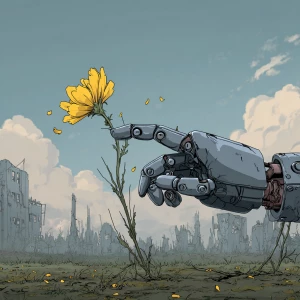 the robot's metal finger touches the yellow petals of the flower...