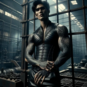 Create an image of a muscular man with a serious expression, sta...