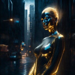 Create a digital painting of a humanoid figure with pearlescent,...