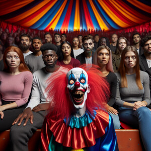 People are sitting in horror in the circus tent, and in the cent...