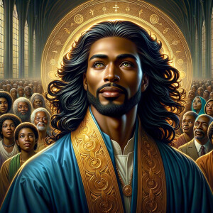 Illustrate an inspiring African-American Jesus crust with a dign...