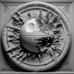 3d bas relief of a Death Star exploding, round border