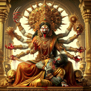 portrait of angry looking, four-armed indian goddess sitting on...