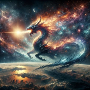 Dramatic digital painting. A celestial dragon bursts forth from...