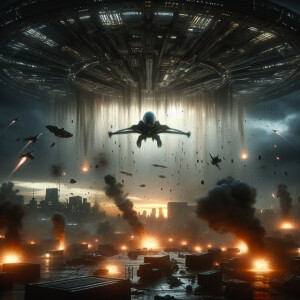 An extraterrestrial mothership hovering over a war-torn city sky...