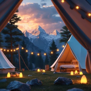 Glamping Bell Tents for a birthday party at sunset in the mounta...