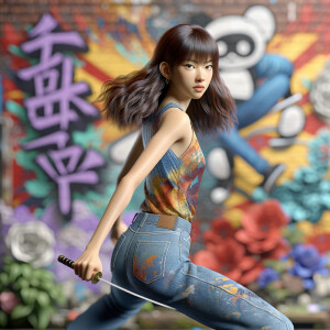 teenage girl, long brown hair and bangs, wearing tight skinny jeans and a halter top paint marks on her clothing, heroic pose Asian graffiti background, backside view