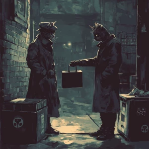 A shady cat in a trench coat exchanging a briefcase with another...
