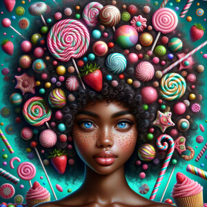 A digital portrait of an African-American girl with an elaborate, curly afro adorned with whimsical confectionery decorations like swirl lollipops, candies, and strawberries. Her eyes are a captivating blue, and her cheeks are dusted with freckles that resemble sprinkles. The background is a vibrant teal, filled with a fantastical assortment of sweets, including a prominently displayed cupcake with pink frosting. The image is lively and colorful, capturing a playful, candy-themed fantasy.