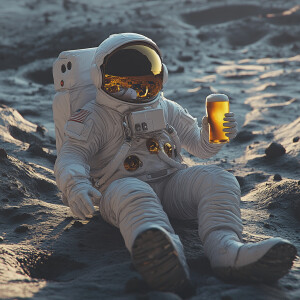 Astronaut on the moon enjoying a beer, hyper-realistic, detailed...