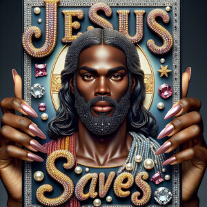 A 3D realistic artwork featuring the phrase 'Jesus Saves' adorne...