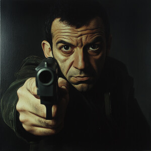 A threatening looking French man with a gun